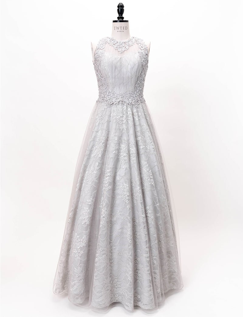 TWEED DRESS(ツイードドレス)のシルバーグレーロングドレス・チュール｜TW1938-SGYのトルソー全身正面画像です。