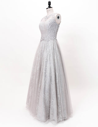 TWEED DRESS(ツイードドレス)のシルバーグレーロングドレス・チュール｜TW1938-SGYのトルソー全身斜め画像です。