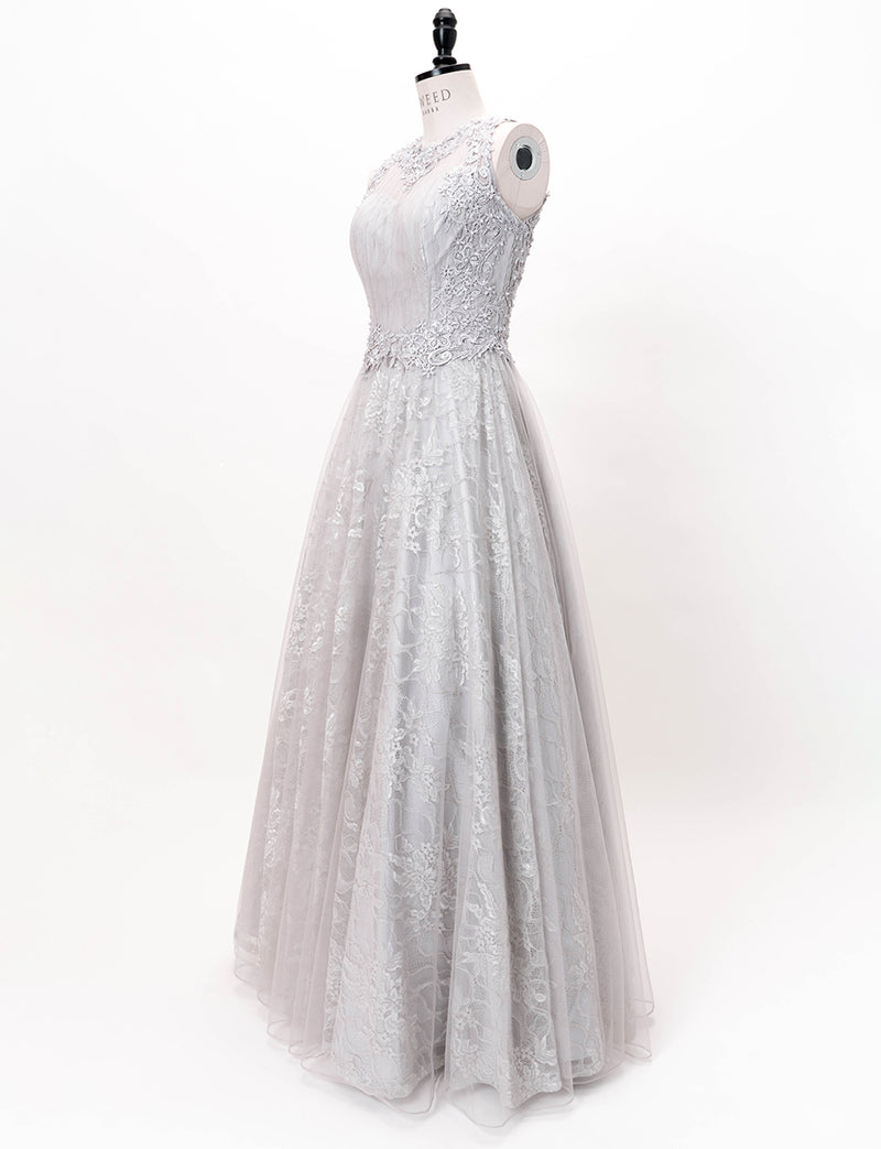TWEED DRESS(ツイードドレス)のシルバーグレーロングドレス・チュール｜TW1938-SGYのトルソー全身斜め画像です。