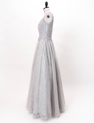 TWEED DRESS(ツイードドレス)のシルバーグレーロングドレス・チュール｜TW1938-SGYのトルソー全身側面画像です。