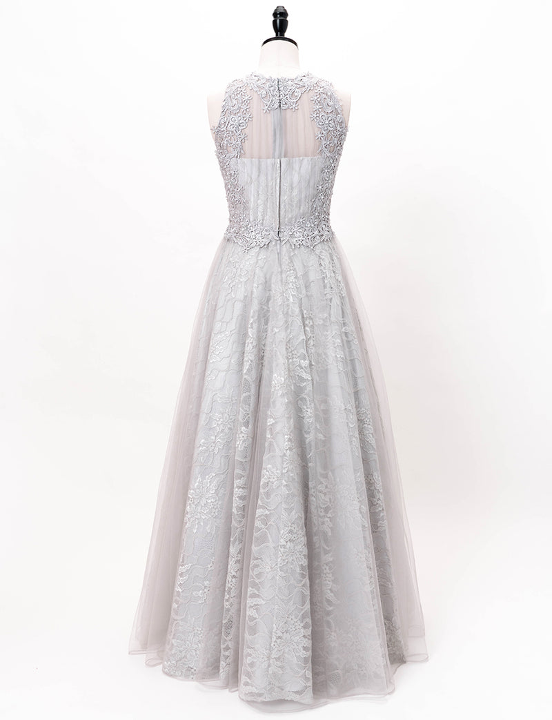 TWEED DRESS(ツイードドレス)のシルバーグレーロングドレス・チュール｜TW1938-SGYのトルソー全身背面画像です。