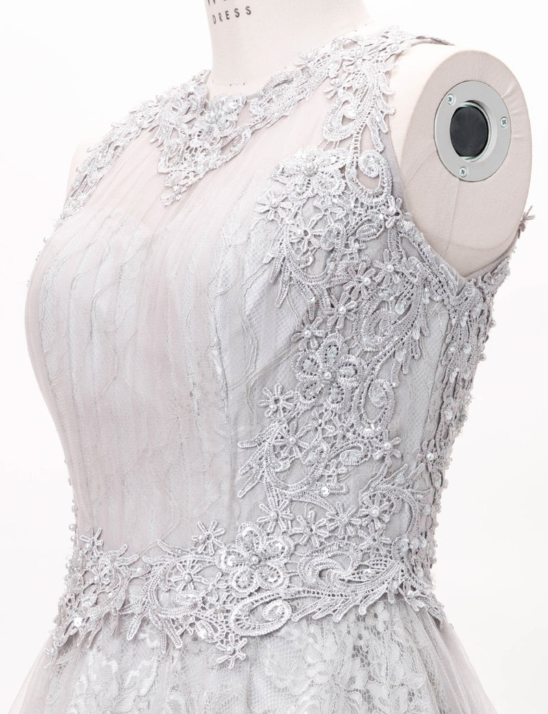 TWEED DRESS(ツイードドレス)のシルバーグレーロングドレス・チュール｜TW1938-SGYのトルソー上半身斜め画像です。
