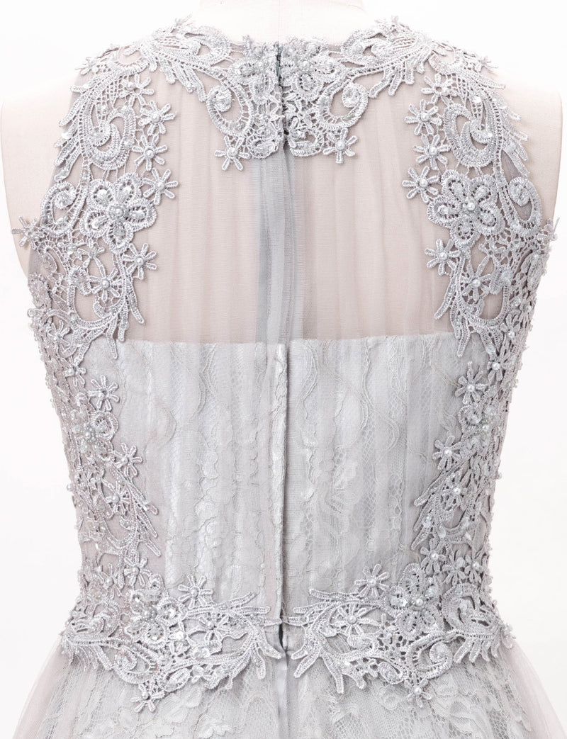 TWEED DRESS(ツイードドレス)のシルバーグレーロングドレス・チュール｜TW1938-SGYのトルソー上半身背面画像です。
