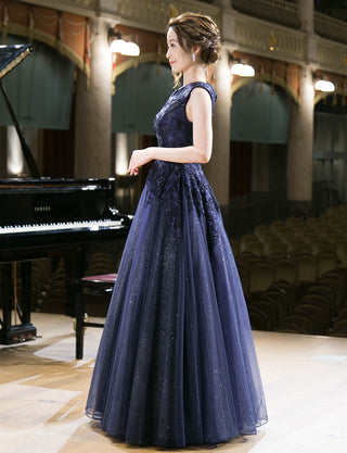 TWEED DRESS(ツイードドレス)のダークネイビーロングドレス・チュール｜TW1941-DNYの全身側面画像です。
