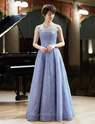 TWEED DRESS(ツイードドレス)のブルーグレーロングドレス・チュール｜TW1942-BLGYの全身正面画像です。