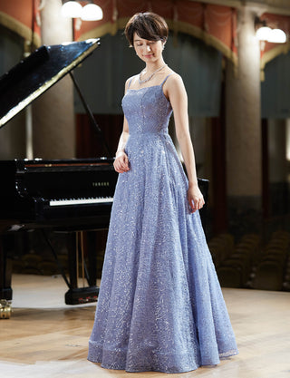 TWEED DRESS(ツイードドレス)のブルーグレーロングドレス・チュール｜TW1942-BLGYの全身斜め画像です。
