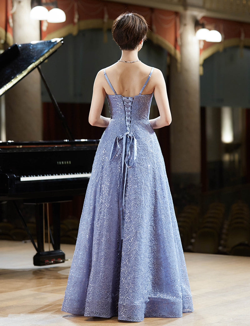TWEED DRESS(ツイードドレス)のブルーグレーロングドレス・チュール｜TW1942-BLGYの全身背面画像です。