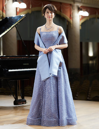 TWEED DRESS(ツイードドレス)のブルーグレーロングドレス・チュール｜TW1942-BLGYの全身正面ストール着用画像です。