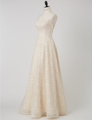 TWEED DRESS(ツイードドレス)のシャンパンゴールドロングドレス・チュール｜TW1942-CGDのトルソー全身斜め画像です。