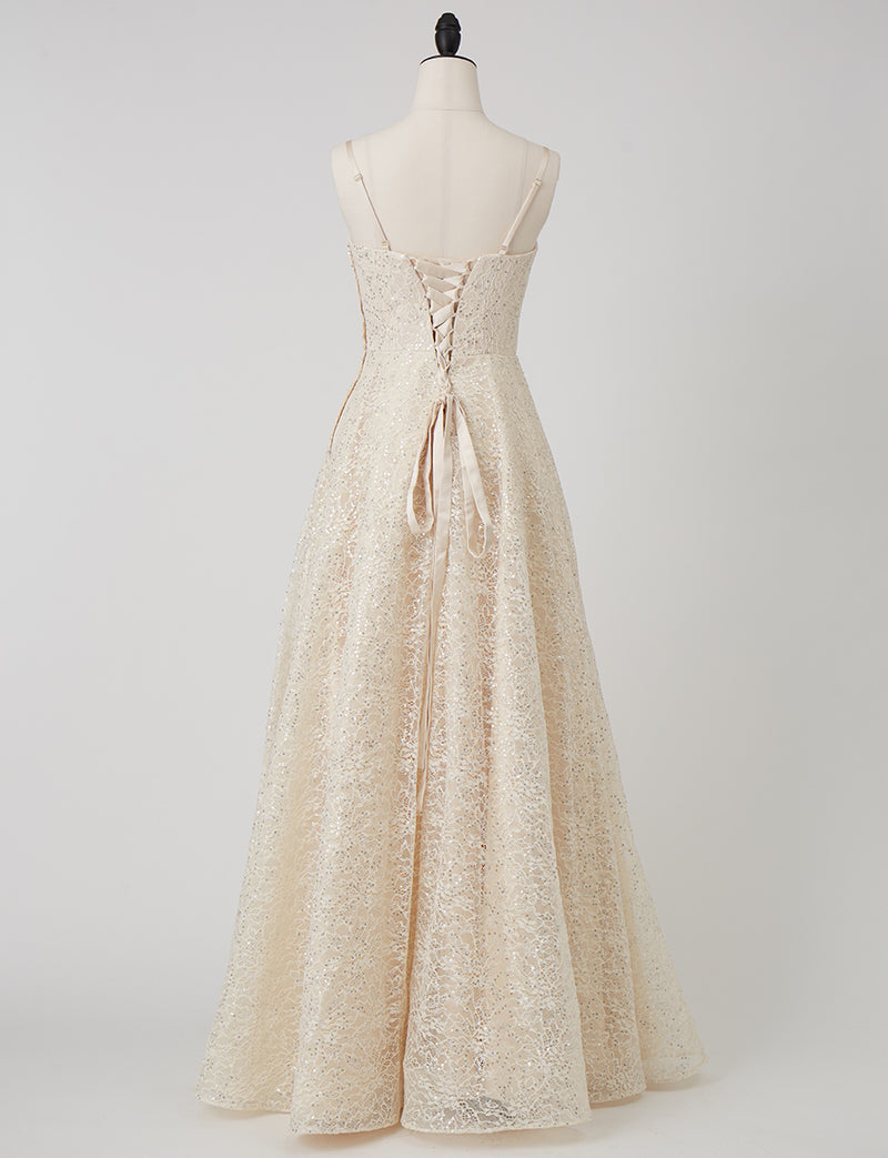 TWEED DRESS(ツイードドレス)のシャンパンゴールドロングドレス・チュール｜TW1942-CGDのトルソー全身背面画像です。