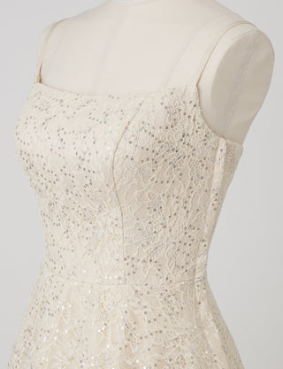 TWEED DRESS(ツイードドレス)のシャンパンゴールドロングドレス・チュール｜TW1942-CGDのトルソー上半身斜め画像です。