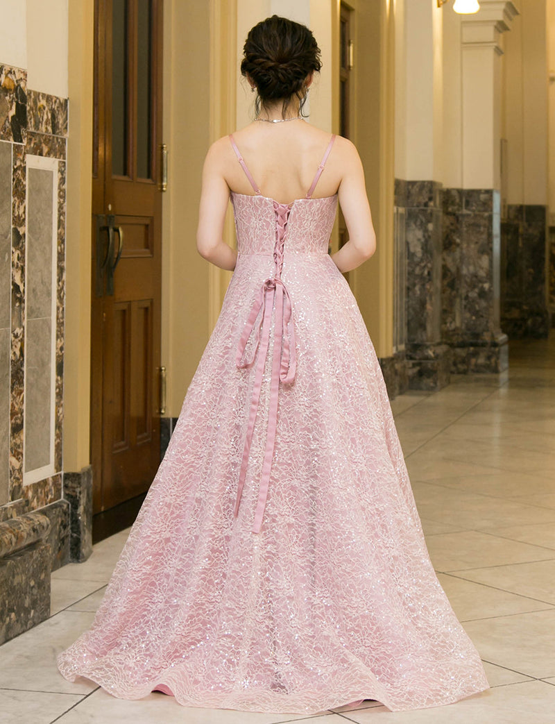 TWEED DRESS(ツイードドレス)のスモーキーピンクロングドレス・チュール｜TW1942-SYPKの全身背面画像です。