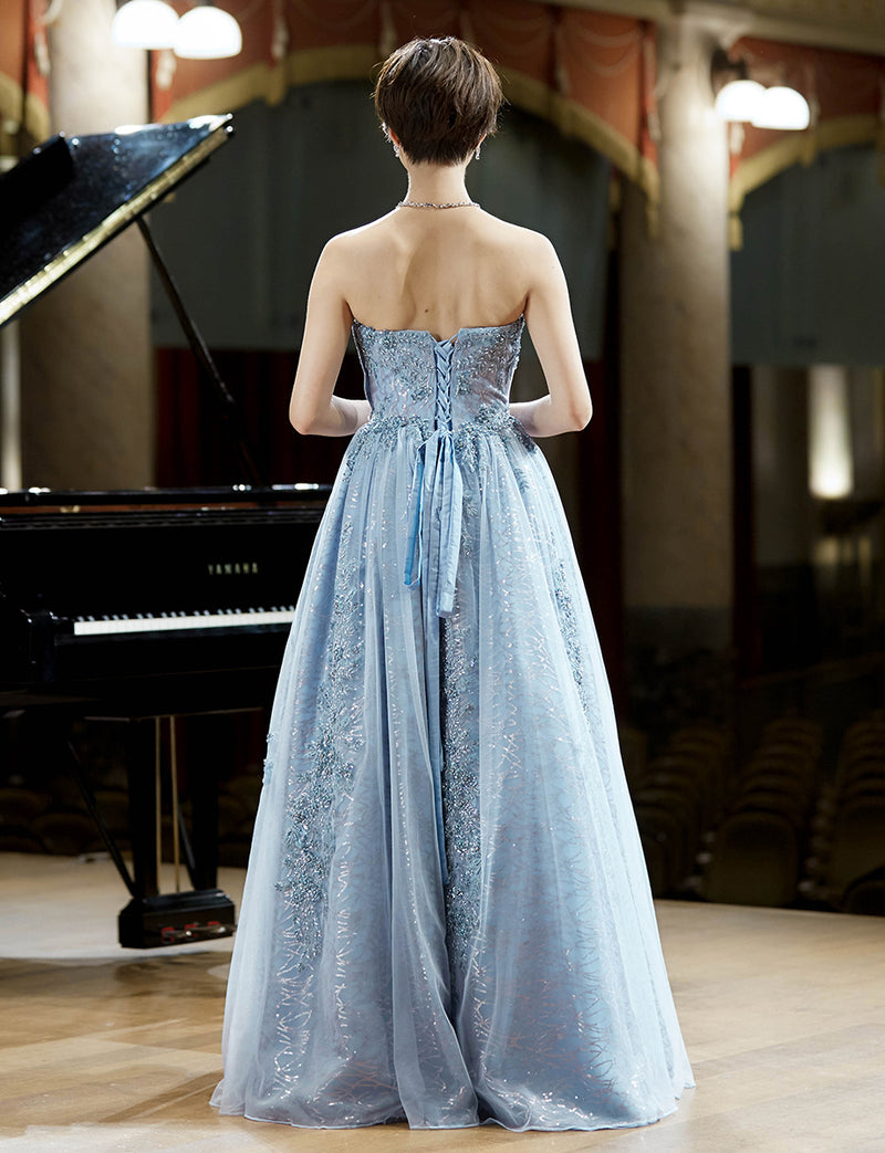 TWEED DRESS(ツイードドレス)のブルーグレーロングドレス・チュール｜TW1944-BLGYの全身背面画像です。