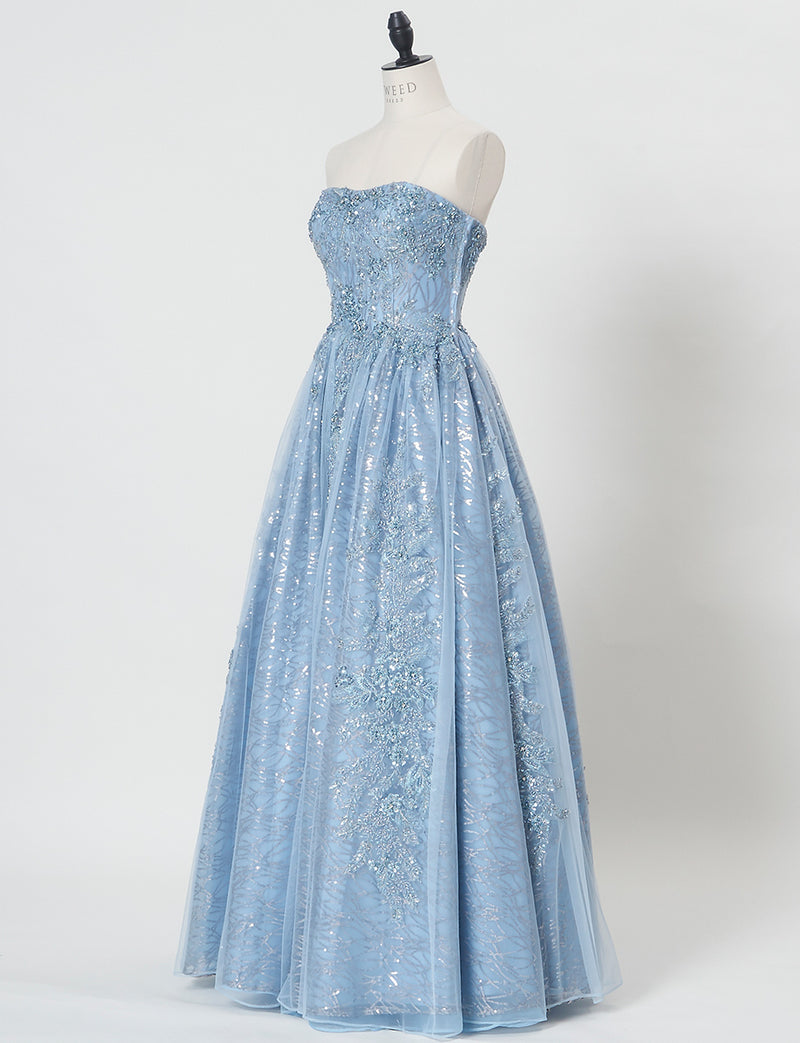 TWEED DRESS(ツイードドレス)のブルーグレーロングドレス・チュール｜TW1944-BLGYのトルソー全身斜め画像です。