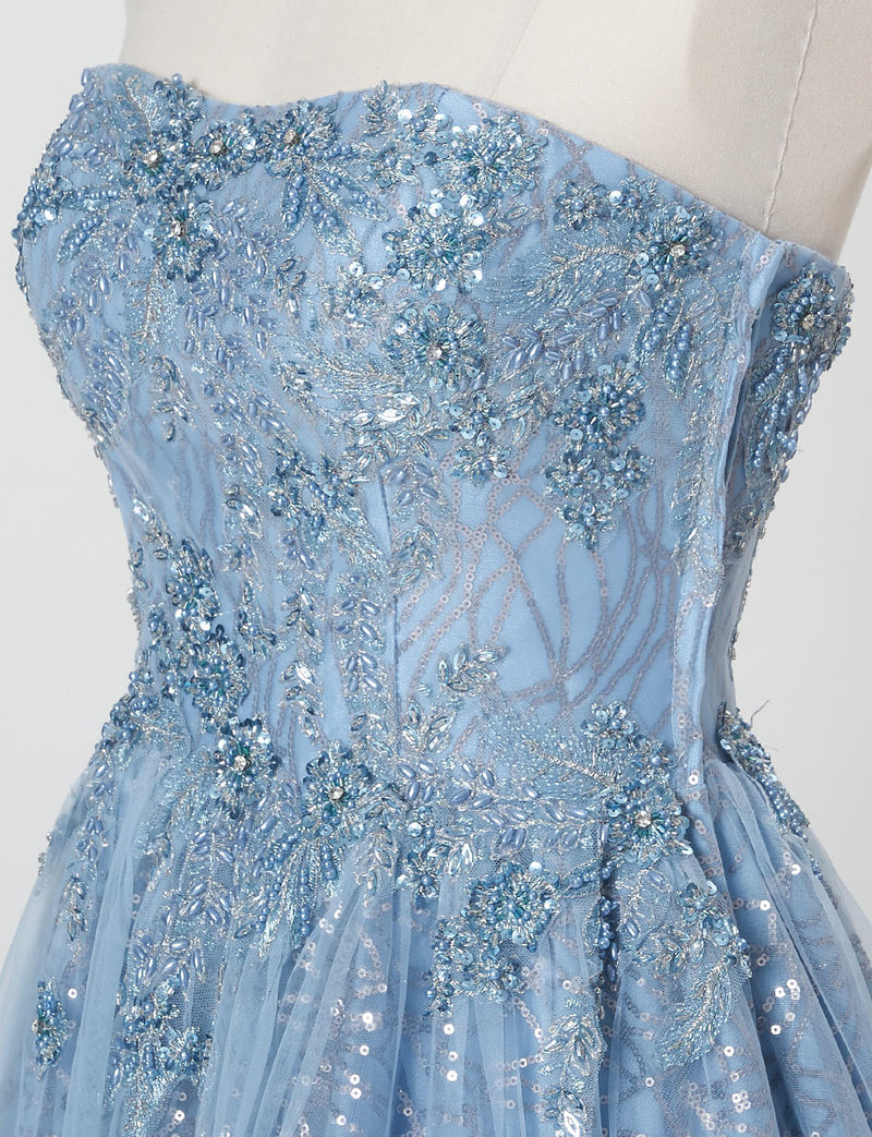 TWEED DRESS(ツイードドレス)のブルーグレーロングドレス・チュール｜TW1944-BLGYのトルソー上半身斜め画像です。