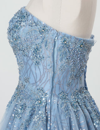 TWEED DRESS(ツイードドレス)のブルーグレーロングドレス・チュール｜TW1944-BLGYのトルソー上半身側面画像です。