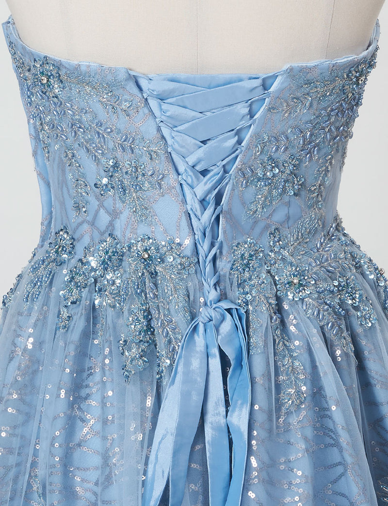 TWEED DRESS(ツイードドレス)のブルーグレーロングドレス・チュール｜TW1944-BLGYのトルソー上半身背面画像です。