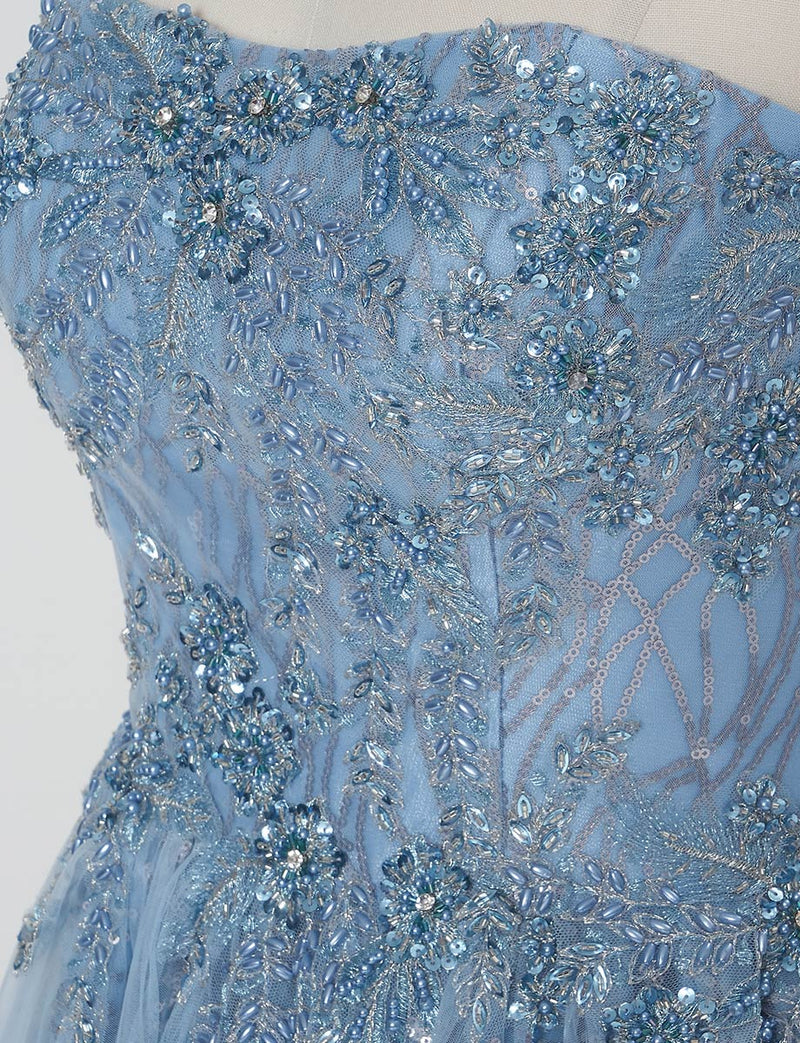 TWEED DRESS(ツイードドレス)のブルーグレーロングドレス・チュール｜TW1944-BLGYのトルソー上半身装飾拡大画像です。