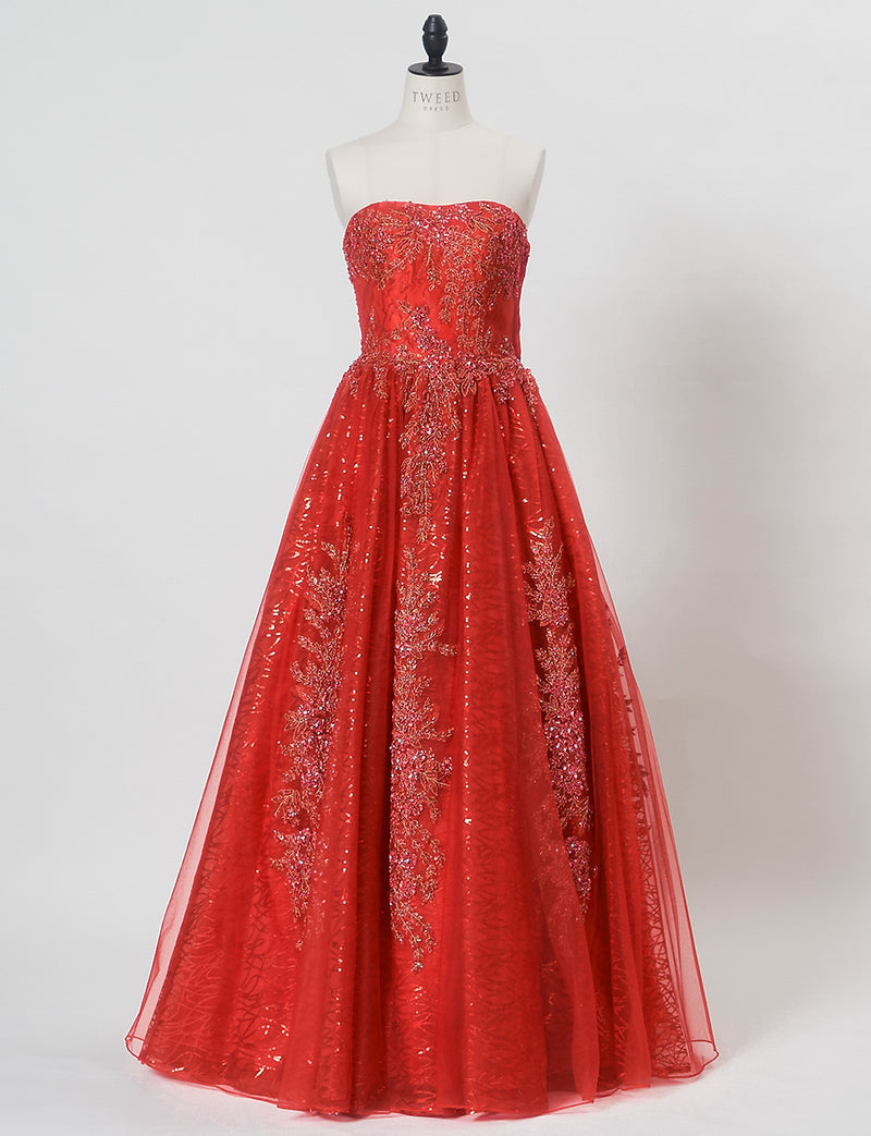 TWEED DRESS(ツイードドレス)のレッドロングドレス・チュール｜TW1944-RDのトルソー全身正面画像です。