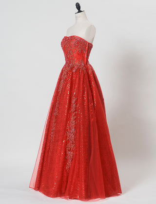 TWEED DRESS(ツイードドレス)のレッドロングドレス・チュール｜TW1944-RDのトルソー全身斜め画像です。