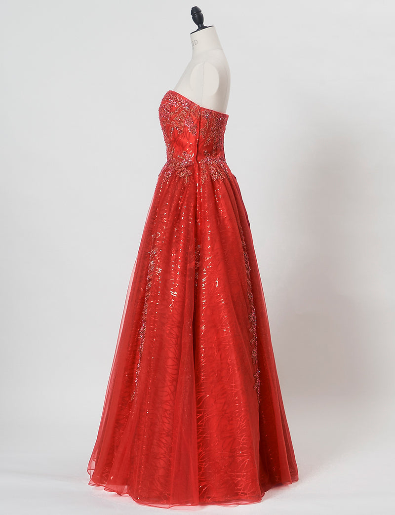 TWEED DRESS(ツイードドレス)のレッドロングドレス・チュール｜TW1944-RDのトルソー全身側面画像です。