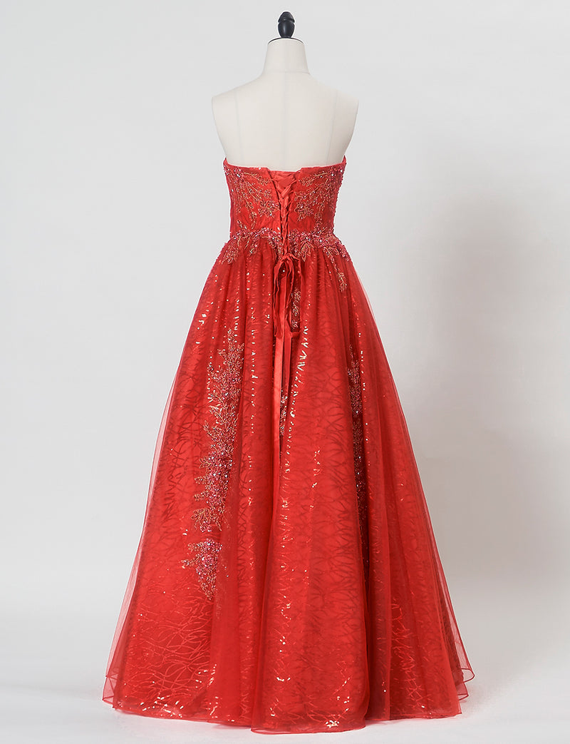 TWEED DRESS(ツイードドレス)のレッドロングドレス・チュール｜TW1944-RDのトルソー全身背面画像です。