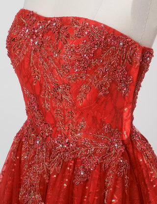 TWEED DRESS(ツイードドレス)のレッドロングドレス・チュール｜TW1944-RDのトルソー上半身斜め画像です。