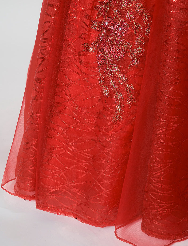 TWEED DRESS(ツイードドレス)のレッドロングドレス・チュール｜TW1944-RDのスカート裾拡大画像です。