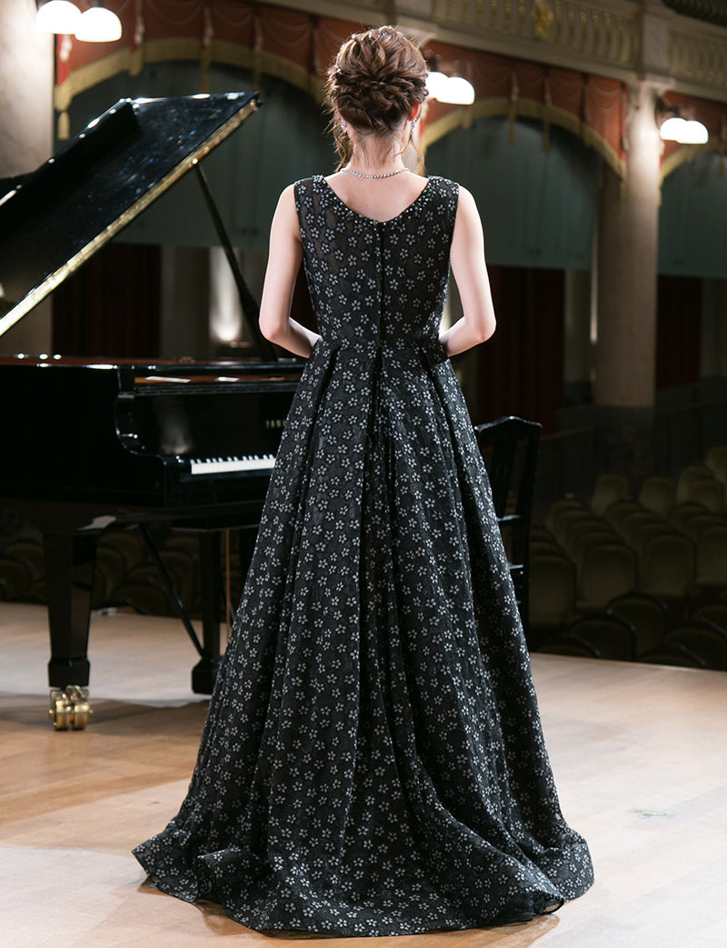 TWEED DRESS(ツイードドレス)のブラックロングドレス・チュール｜TW1947-BKの全身背面画像です。