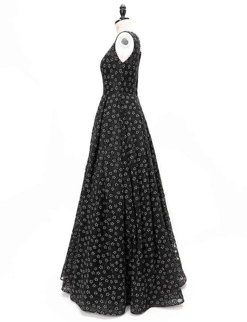 TWEED DRESS(ツイードドレス)のブラックロングドレス・チュール｜TW1947-BKのトルソー全身側面画像です。