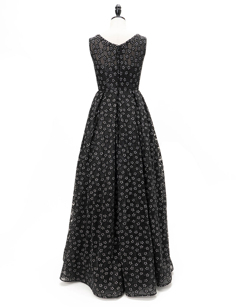 TWEED DRESS(ツイードドレス)のブラックロングドレス・チュール｜TW1947-BKのトルソー全身背面画像です。
