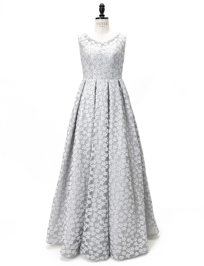 TWEED DRESS(ツイードドレス)のペールグレーロングドレス・チュール｜TW1947-PGYのトルソー全身正面画像です。