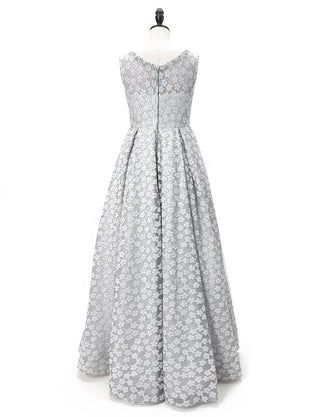 TWEED DRESS(ツイードドレス)のペールグレーロングドレス・チュール｜TW1947-PGYのトルソー全身背面画像です。