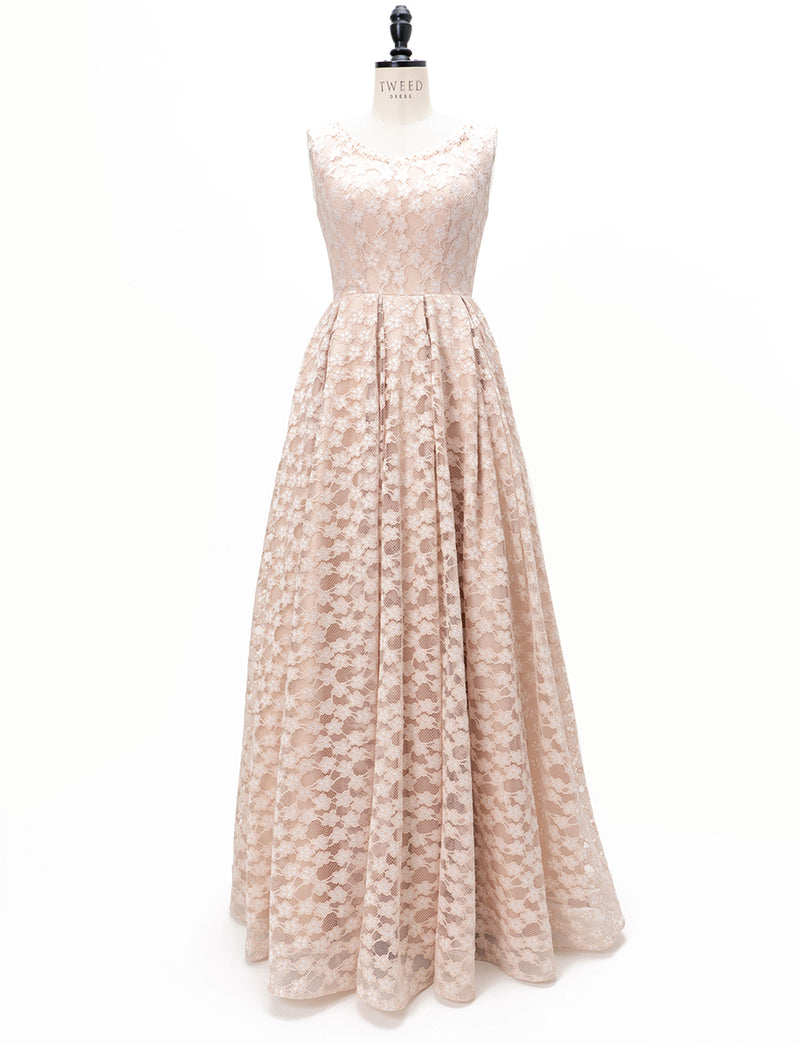 TWEED DRESS(ツイードドレス)のピンクベージュロングドレス・チュール｜TW1947-PKBEのトルソー全身正面画像です。