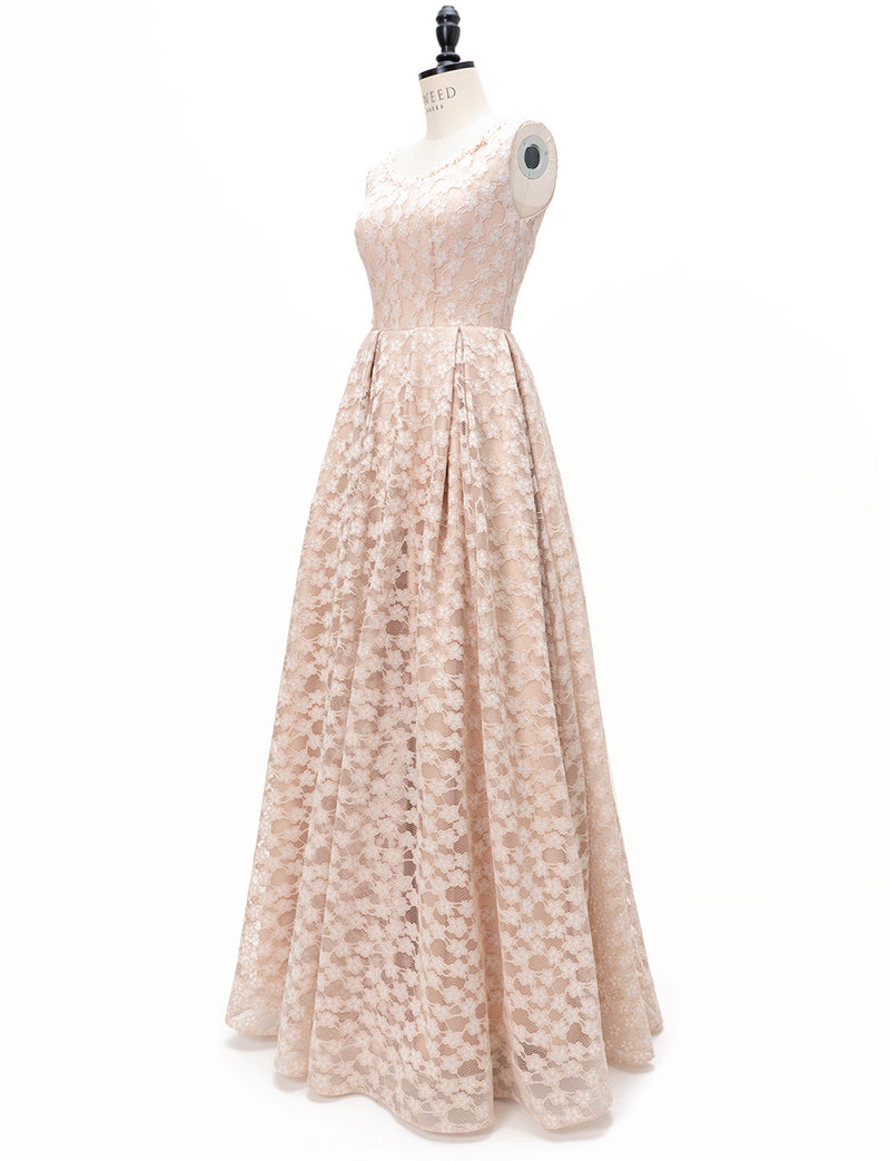 TWEED DRESS(ツイードドレス)のピンクベージュロングドレス・チュール｜TW1947-PKBEのトルソー全身斜め画像です。