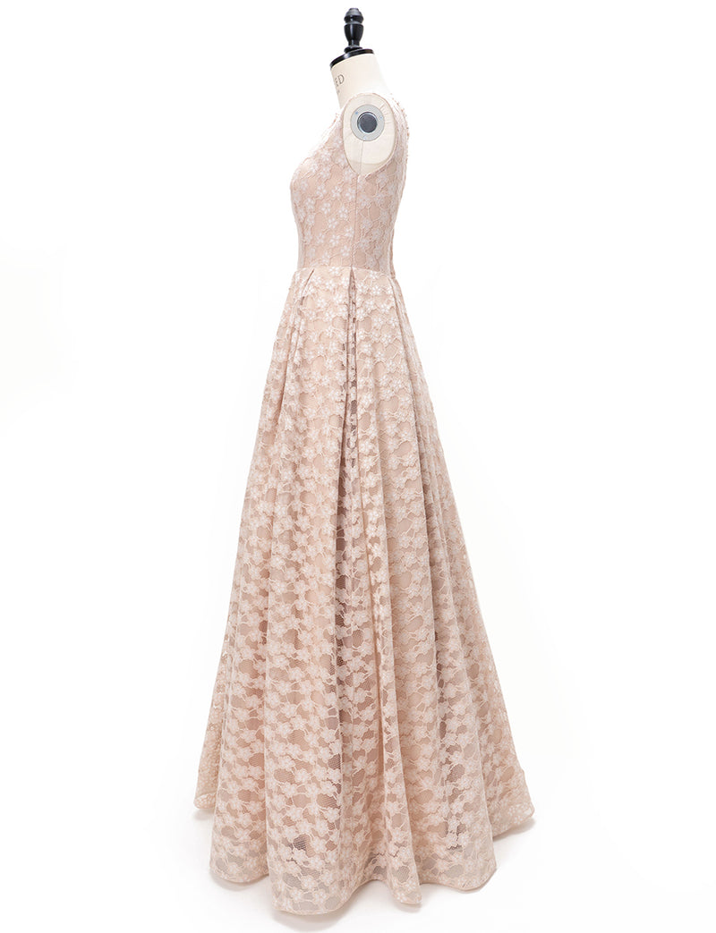 TWEED DRESS(ツイードドレス)のピンクベージュロングドレス・チュール｜TW1947-PKBEのトルソー全身側面画像です。