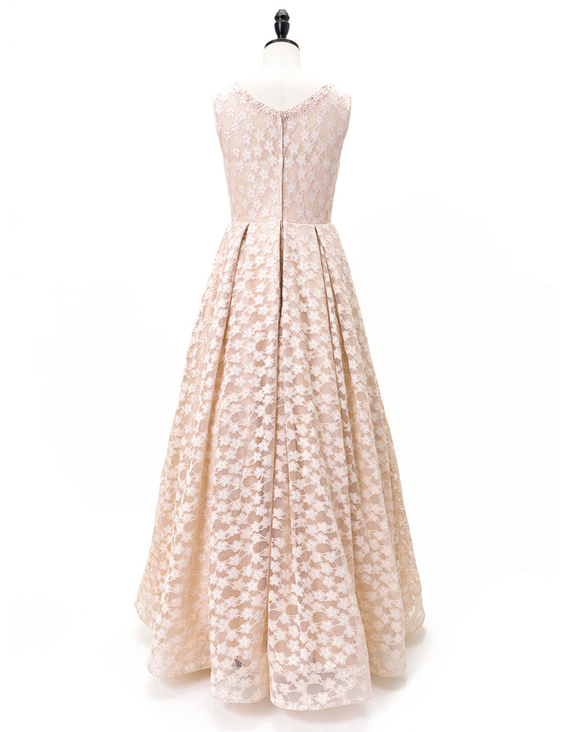 TWEED DRESS(ツイードドレス)のピンクベージュロングドレス・チュール｜TW1947-PKBEのトルソー全身背面画像です。