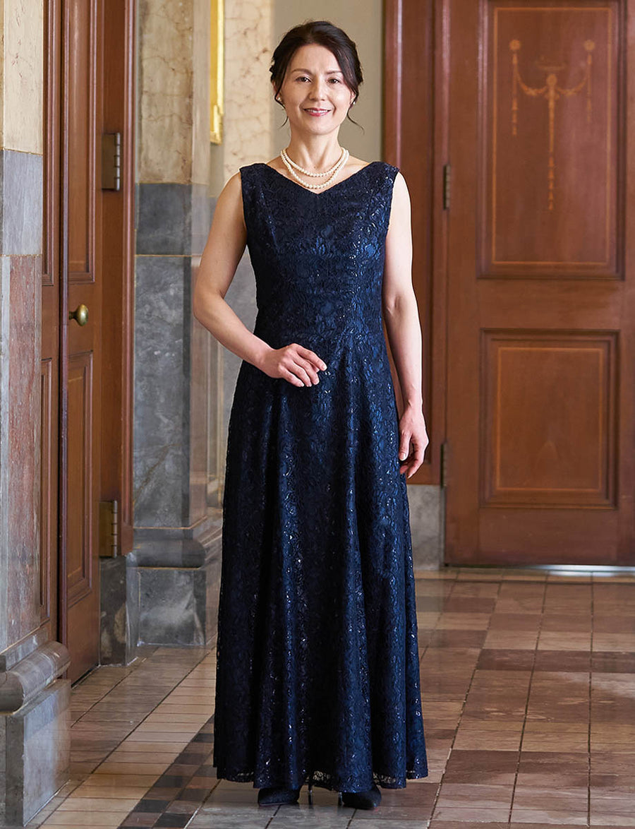 マザーズドレス　TWEED DRESS 11号　ダークネイビー　結婚式　母 結婚式 母親ドレス ダークネイビーレース・マザーズドレス 長袖