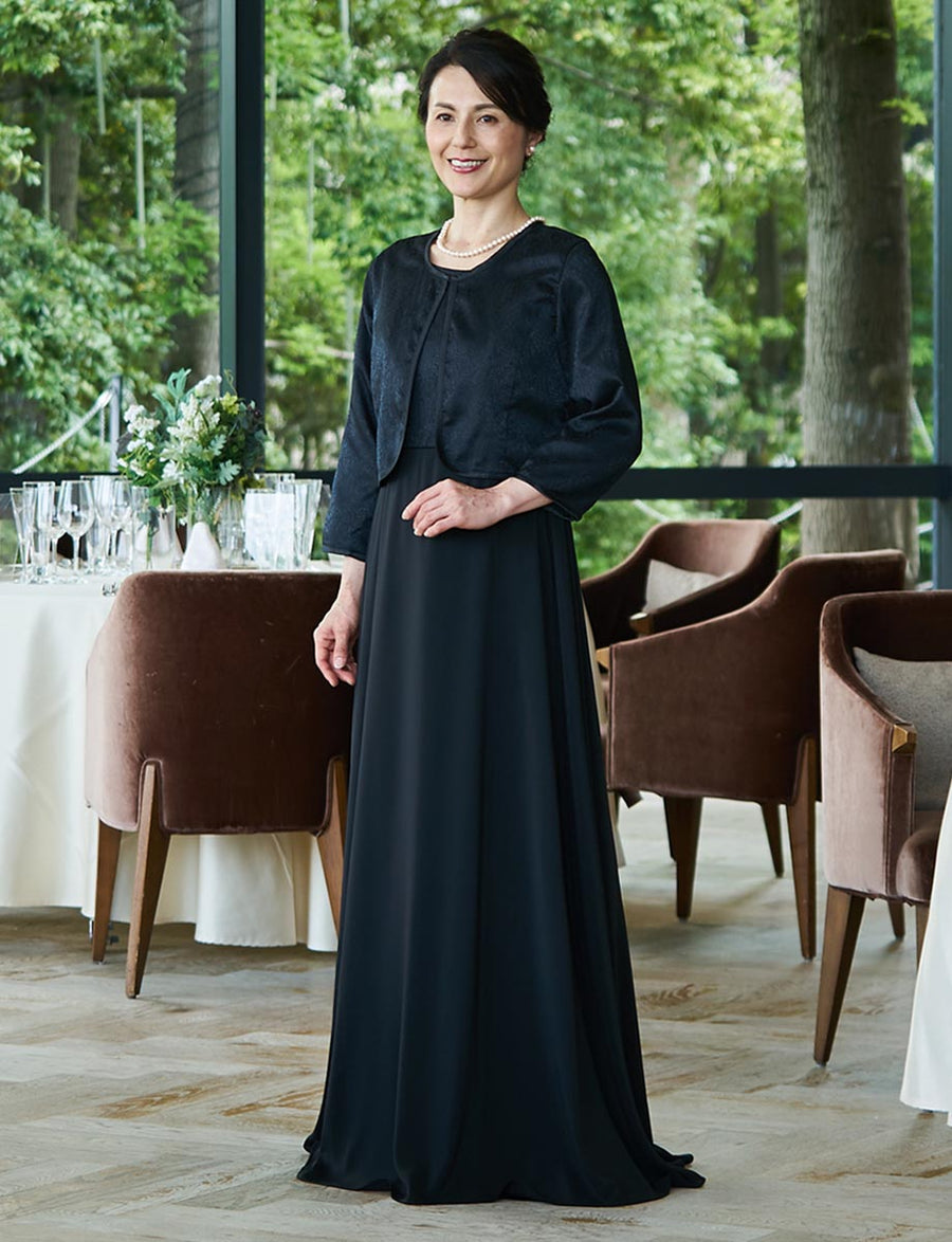 スーツ・フォーマル・ドレス TWEED 結婚式 母親ドレス 黒・マザーズドレスシフォン ケープ付き