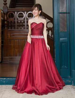 TWEED DRESS(ツイードドレス)のダークレッドロングドレス・オーガンジー｜TM1687-DRDの全身正面画像です。