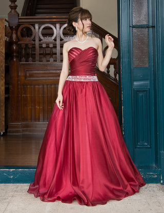 TWEED DRESS(ツイードドレス)のダークレッドロングドレス・オーガンジー｜TM1687-DRDの全身正面画像です。