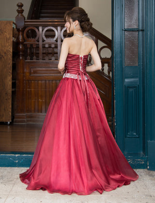 TWEED DRESS(ツイードドレス)のダークレッドロングドレス・オーガンジー｜TM1687-DRDの全身背面画像です。