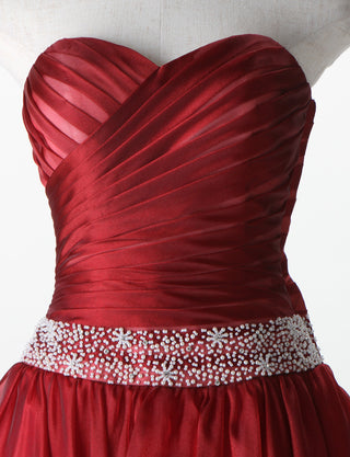TWEED DRESS(ツイードドレス)のダークレッドロングドレス・オーガンジー｜TM1687-DRDのトルソー上半身正面画像です。