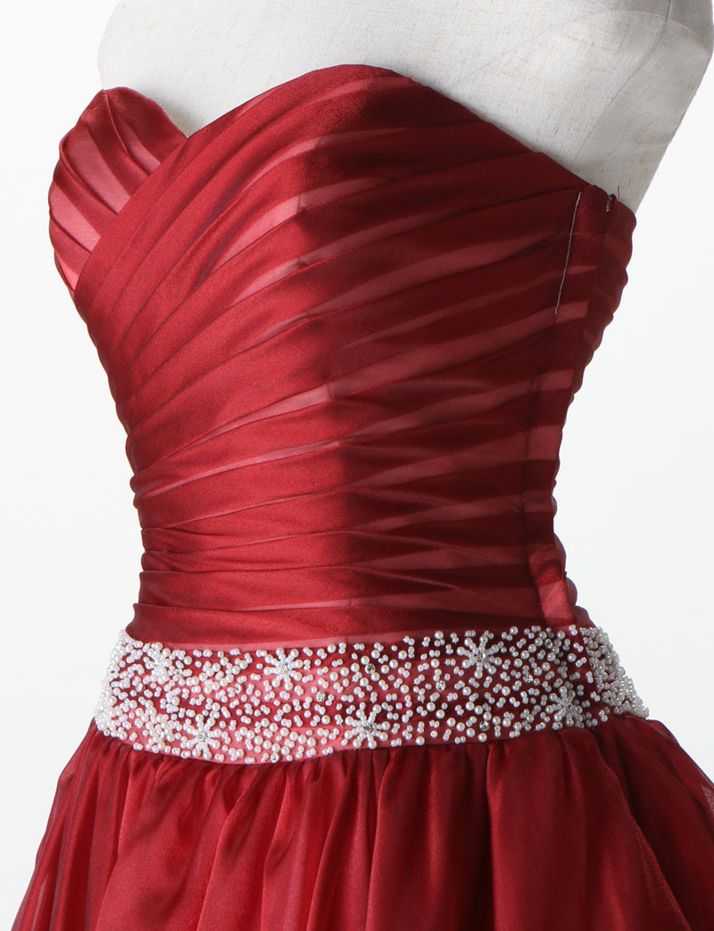 TWEED DRESS(ツイードドレス)のダークレッドロングドレス・オーガンジー｜TM1687-DRDのトルソー上半身斜め画像です。
