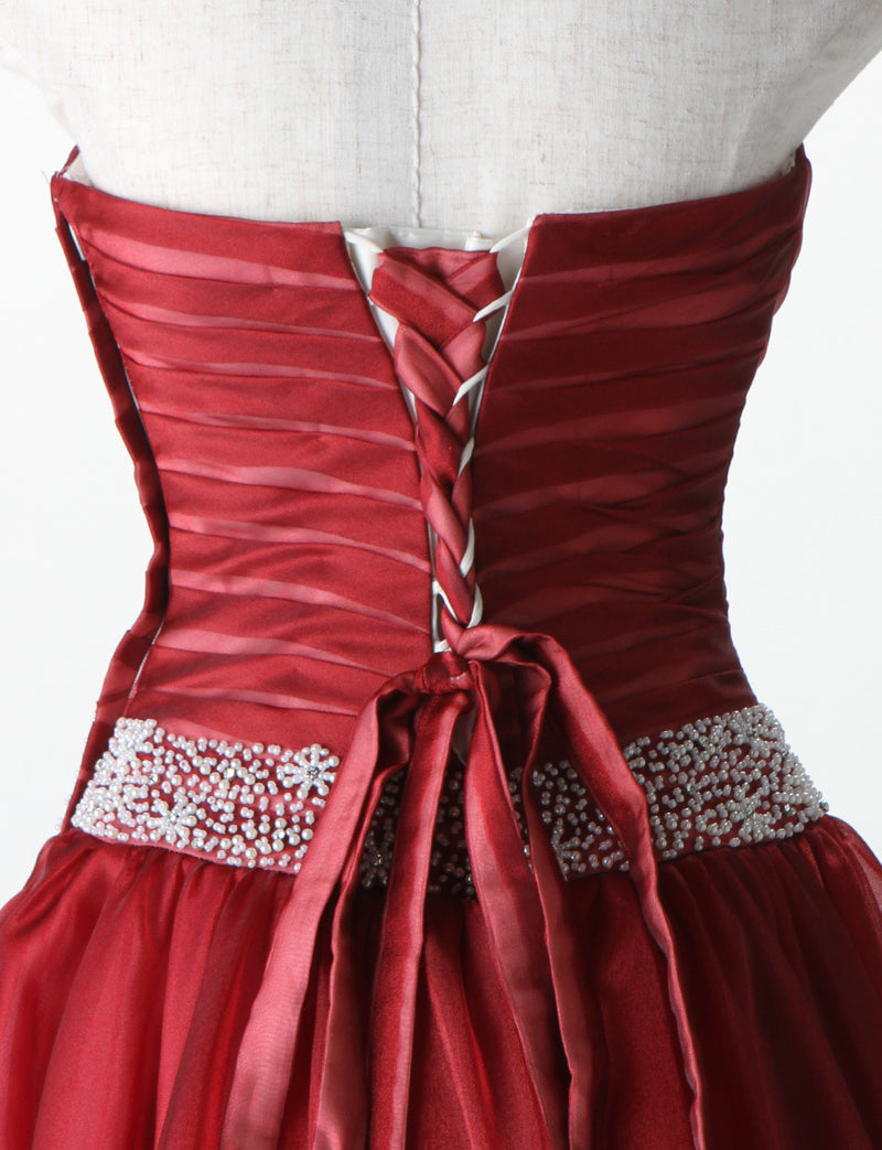 TWEED DRESS(ツイードドレス)のダークレッドロングドレス・オーガンジー｜TM1687-DRDのトルソー上半身背面画像です。