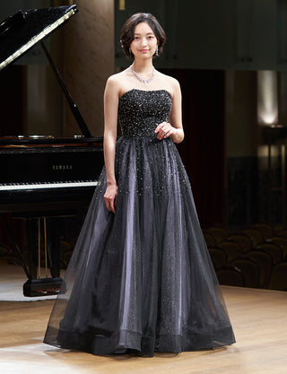 TWEED DRESS(ツイードドレス)のブルーグレーロングドレス・チュール｜TN2030-BLGYの全身正面画像です。
