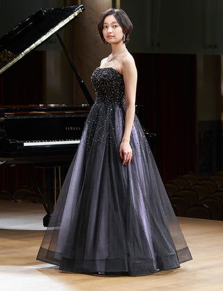 TWEED DRESS(ツイードドレス)のブルーグレーロングドレス・チュール｜TN2030-BLGYの全身斜め画像です。
