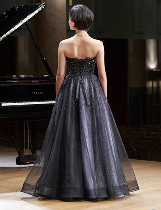TWEED DRESS(ツイードドレス)のブルーグレーロングドレス・チュール｜TN2030-BLGYの全身背面画像です。