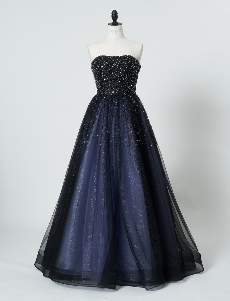 TWEED DRESS(ツイードドレス)のブルーグレーロングドレス・チュール｜TN2030-BLGYのトルソー全身正面画像です。