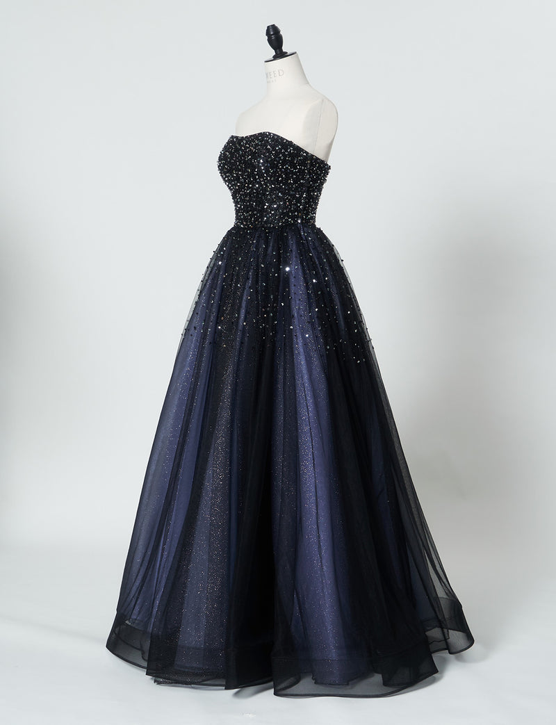 TWEED DRESS(ツイードドレス)のブルーグレーロングドレス・チュール｜TN2030-BLGYのトルソー全身斜め画像です。